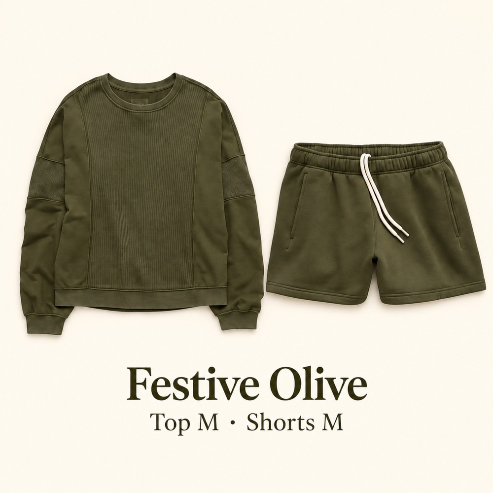 Aerie Festive Olive Waffle Top & Fleece Shorts Bundle M